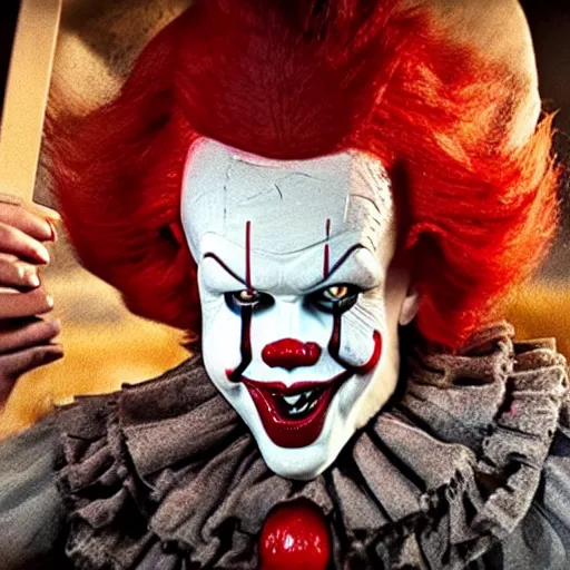 Image similar to A still of Pennywise eating a pizza, 4k, photograph, ultra realistic, highly detailed, studio lighting