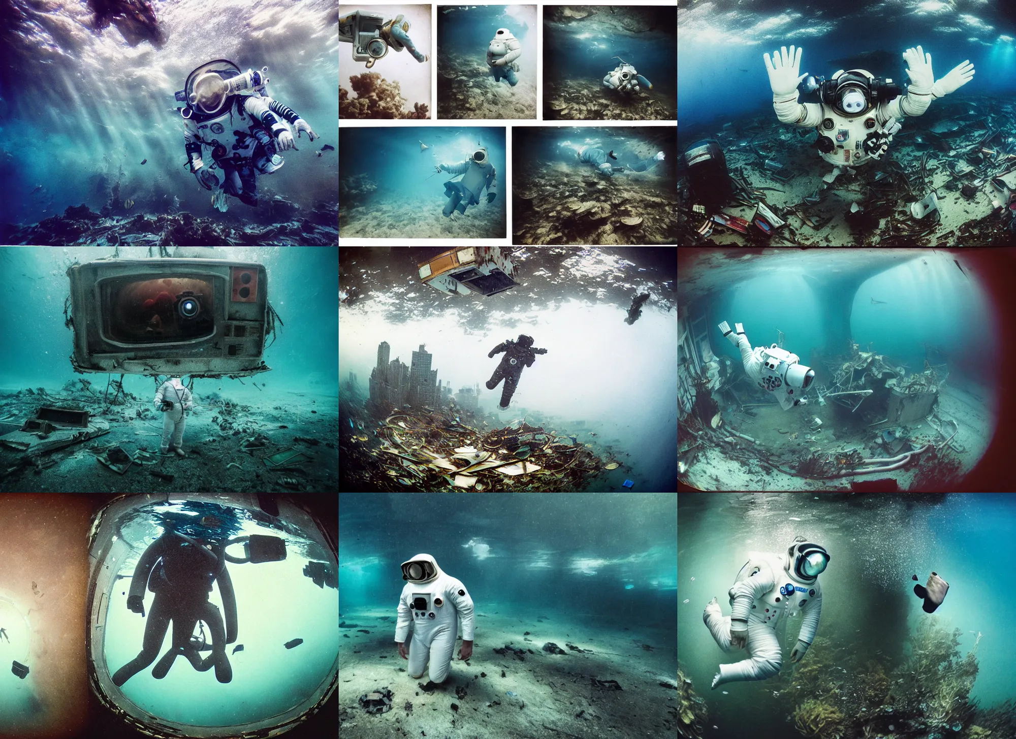 Prompt: underwater photographs of american white spacesuit chubby astronaut in postapocalyptic abandoned destroyed deep sea times square, wrecked buildings, destroyed flipped wrecked cars, underwater polaroid photo, vintage, neutral colors, underwater, by shawn heinrichs and brian skerry