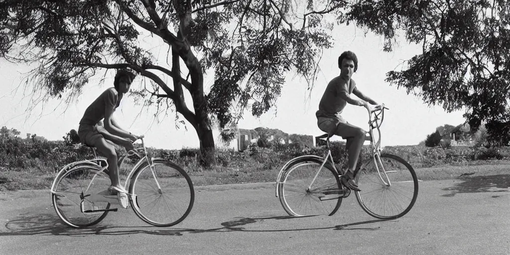 Prompt: a young man riding a bicycle under a clear blue sky, 7 0 s photograph, 4 k