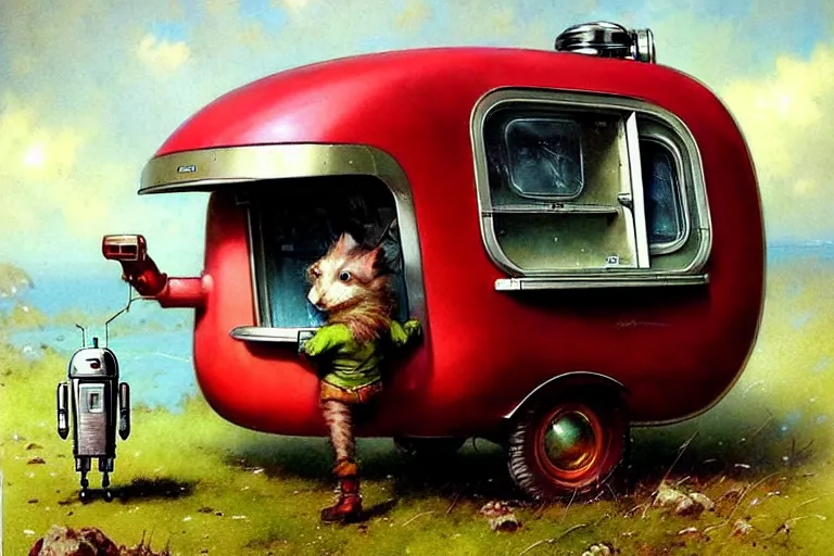 Image similar to adventurer ( ( ( ( ( 1 9 5 0 s retro future robot android mouse rv wagon motorhome robot. muted colors. ) ) ) ) ) by jean baptiste monge!!!!!!!!!!!!!!!!!!!!!!!!! chrome red