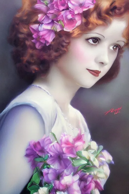 Prompt: a beautiful portrait of Clara Bow with flowers pastel colors, in a scenic environment by Artgerm, detailed,