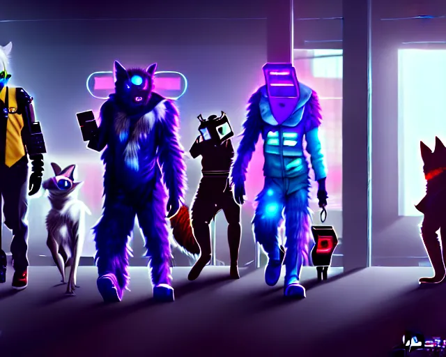 Image similar to high - resolution photograph from a cyberpunk era furry fandom convention ( midwest furfest 2 0 4 7 ), taking place after the genetic revolution and quantum singularity. photorealistic.