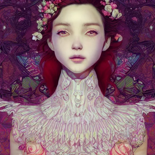 Image similar to the portrait of an absurdly beautiful, graceful, elegant, sophisticated, fashionable young idol made of strawberries and white petals with tears, an ultrafine hyperdetailed illustration by kim jung gi, irakli nadar, intricate linework, bright colors, octopath traveler, final fantasy, unreal engine 5 highly rendered, global illumination, radiant light, detailed and intricate environment