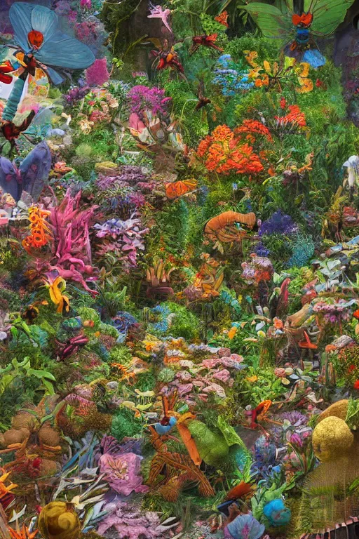 Image similar to super detailed color art, a lot of small garden flowers, A multiverse of insects, spiders and dragonflies, unreal engine, wes anderson color palette, 3d render, colorful, digital art