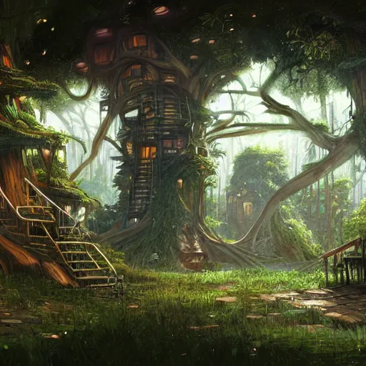 Image similar to concept art painting of a forest with treehouses made of trees and roots, doors and windows inside trees, vines, deep forest, realistic, detailed, cel shaded, in the style of makoto shinkai and greg rutkowski and james gurney