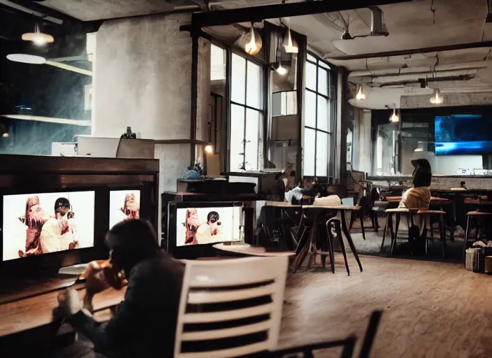 Prompt: atmospheric cinematic still of a man sitting in a coffee bar eating a pastry while on his laptop, tv with the news on in the background, techno rave lighting