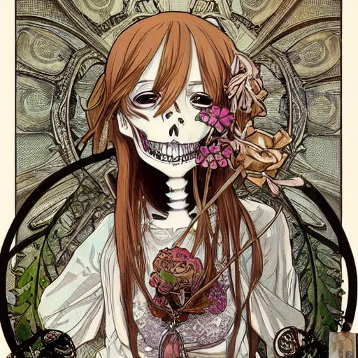 Image similar to anime manga skull portrait girl female skeleton illustration hyperrealistic art Geof Darrow and will cotton alphonse mucha pop art nouveau