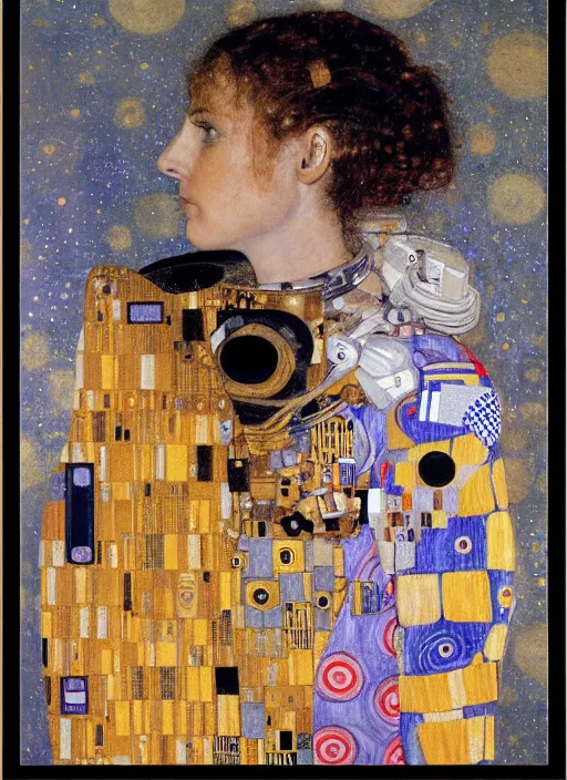 Image similar to woman astronaut in profile, holding a sword, painting by gustav klimt, detailed, ambient lighting, photo realistic, 8 k