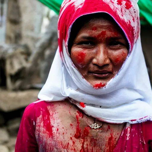 Image similar to a nepali woman wearing a white shawl covered in blood, realistic