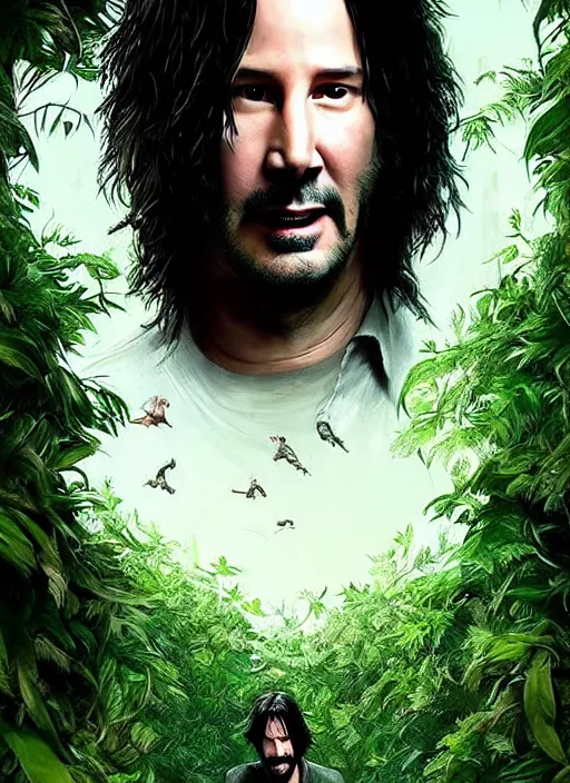 Image similar to highly detailed comedy caper movie poster with silly wacky zany keanu reeves hiding in leaves, keanu reeves face inside a leafy bush by greg rutkowski, masterpiece, really funny, 1 0 / 1 0 comedy