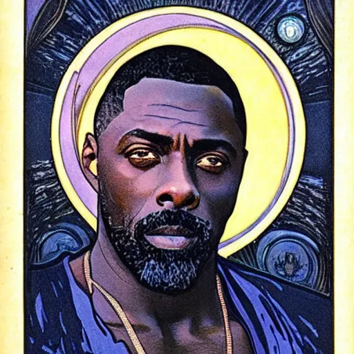 Image similar to idris elba portrait by louis - theophile hingre and alphonse mucha, realistic, sharp focus, zodiac signs, tarot cards, planets, ethereal, art nouveau, magic, moon, sun, crown, dreamy, royal, jewellery