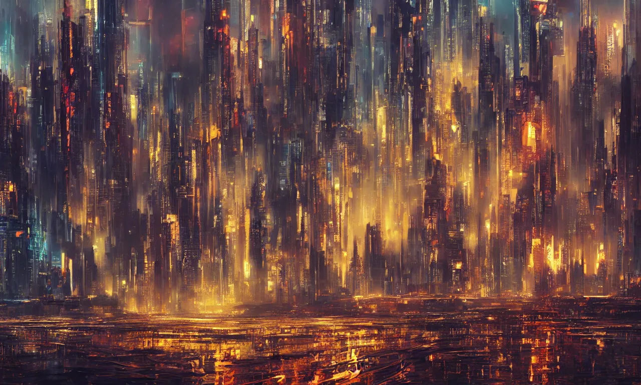 Image similar to an epic painting megapolis, oil on canvas, cold colors, perfect composition, golden ratio, beautiful detailed, photorealistic, digital painting, artstation, concept art, smooth, sharp focus, illustration, cyberpunk background, artstation trending, octane render, unreal engine