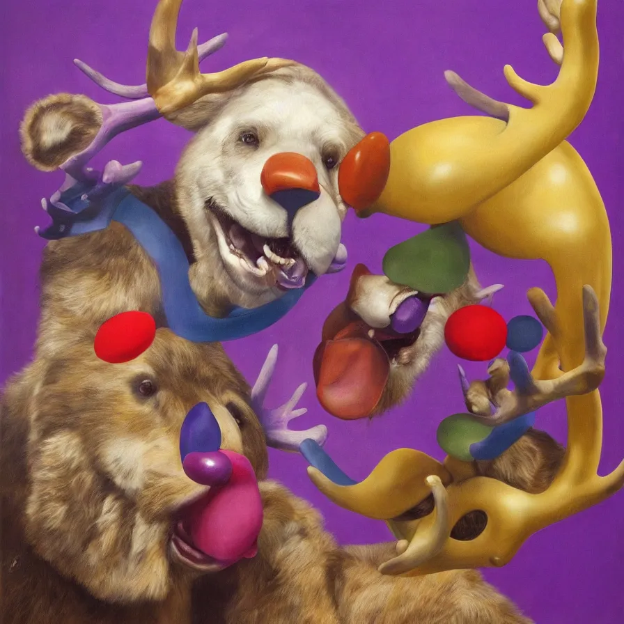 Image similar to rare hyper realistic portrait painting by italian masters, symmetrical composition, studio lighting, brightly lit purple room, a blue rubber duck with antlers laughing at a giant laughing white bear with a clown mask