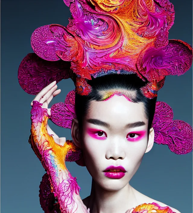 Prompt: photography american portrait of stunning model ming xi. great hair style,, half in shadow, natural pose, natural lighing, rim lighting, wearing an ornate stunning sophistical fluid cloth created by iris van herpen, with a colorfull makeup by benjamin puckey, highly detailed, skin grain detail, photography by paolo roversi