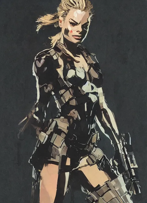 Image similar to Margot Robbie wearing metal gear armor holding gun dramatic lighting art by Richard Schmid by Hokusai by Yoji Shinkawa by greg rutkowski by Sandra Chevrier cinematic dramatic