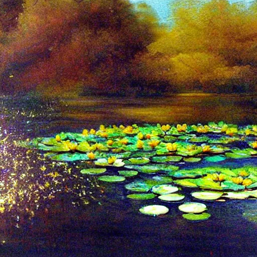 Image similar to A beautiful painting of a waterlily pond, resin pond