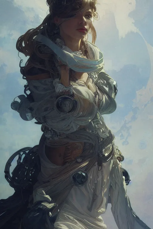 Prompt: A full portrait of a space pirate, intricate, elegant, highly detailed, digital painting, artstation, concept art, smooth, sharp focus, illustration, art by Krenz Cushart and Artem Demura and alphonse mucha