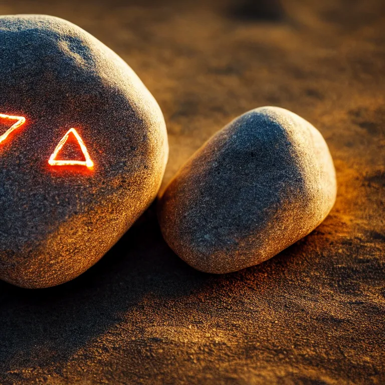 Image similar to photo of a large pebble with a glowing rune drawn on it. pebble is almost completely wrapped with copper wire. extremely high details, masterpiece, cinematic, octane rendering, depth of field, bokeh, cgsociety