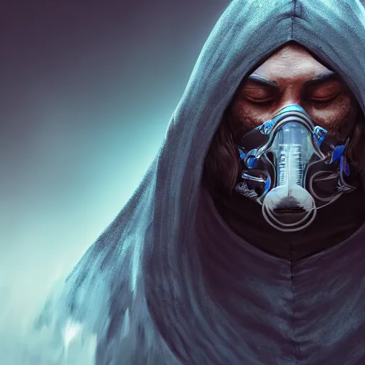 Image similar to a highly detailed, portrait of a man with black hair with a black medical mask, in a hood in the form of a blue shark with white teeth, artstation, DeviantArt, professional, octane render, digital art