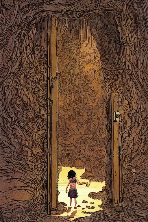 Prompt: a girl pushing a giant wooden door with archaic symbols embedded onto it, in a cave by the water, digital art, illustrated by moebius and victo ngai