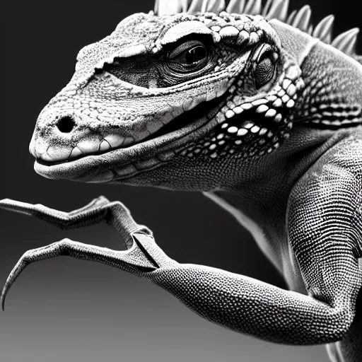 Prompt: a pet lizard wearing armor and vr headset, indoor, photorealistic, monochrome, detailed