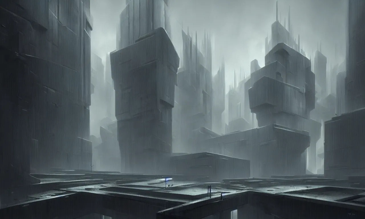 Prompt: brutalist architecture, raphael lacoste, eddie mendoza, alex ross, concept art, matte painting, highly detailed, rule of thirds, dynamic lighting, cinematic, detailed, denoised, centerd