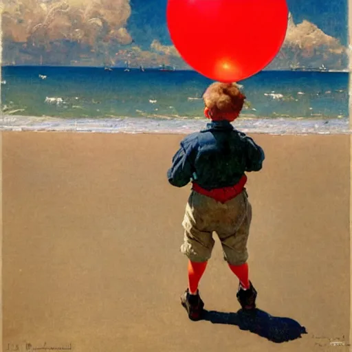 Image similar to a painting by Norman Rockwell of a young boy holding a red balloon at the beach, with dramatic clouds over the sea