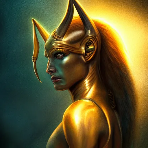 Image similar to riveting charismatic a beautiful female hybrid atlantean anubis alien warrior portrait, atmospheric lighting, painted, intricate, fog, cold, volumetric lighting, beautiful, golden hour, golden ratio, sharp focus, deep colours, ultra detailed, by leesha hannigan, ross tran, thierry doizon, kai carpenter, ignacio fernandez rios