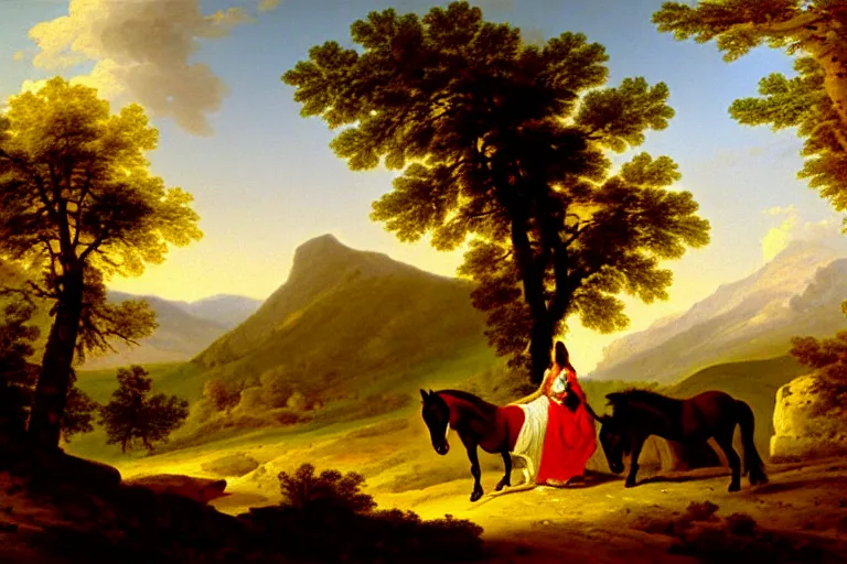 Image similar to scenic western mountain landscape with wild horses and a woman in a long white traditional dress, Asher Brown Durand, oil on canvas, beautifully daylight, artstation