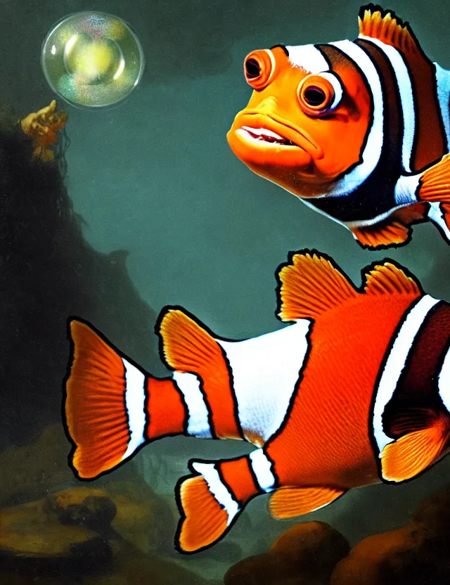 Prompt: an anthropomorphic bipedal clownfish that is dressed as a medieval librarian, as a matte oil painting and d & d character art, by rembrandt, man and fish hybrid, standing, fullbody, bubbles, seaweed, award - winning, extremely detailed, sharp focus