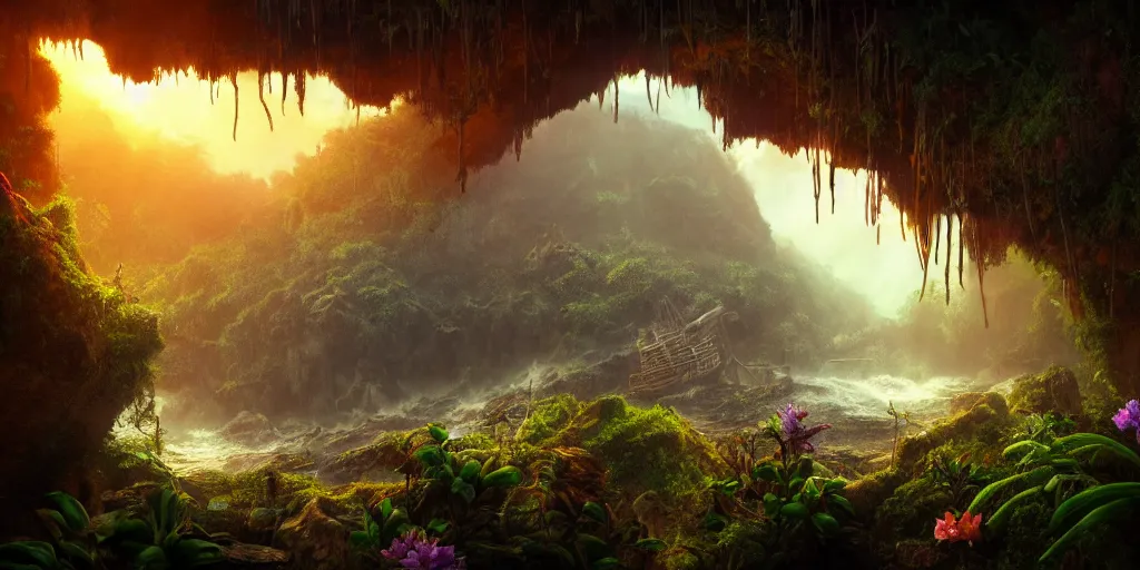 Prompt: a rusty shipwreck at the bottom of a prehistoric jungle cave, lush flora, waterfall, mountains, flowers, vines, sunset, hazy, volumetric lighting, rtx on, washed out dark colors, an award - winning digital render, beautiful, stunning, ultradetailed, great composition