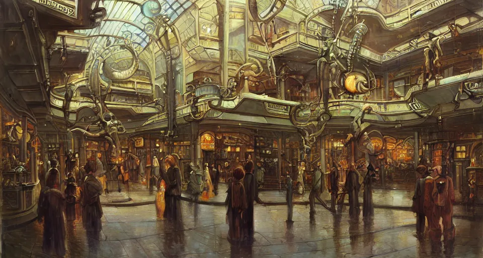 Prompt: victorian shopping mall courtyard, microscopy cyborg cephalopods minimalist oil painting by donato giancola, chris foss, maschinen krieger fetuses organic laboratory, beeple, the matrix, star wars, ilm, star citizen, mass effect, warm coloured, artstation, atmospheric perspective
