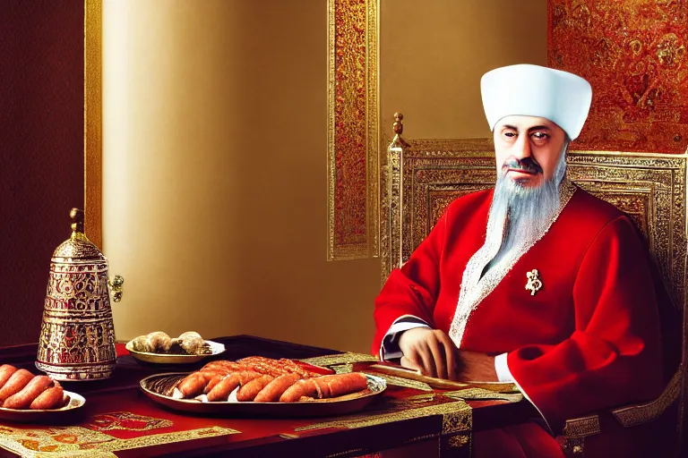 Image similar to Ottoman Sultan Mehmet IV sitting by a table full of delicious hot dogs, wearing big ovular turban and a luxurious Ottoman coat, mid-shot, cold lighting, photography from Vogue Magazine, neat, precise, realistic, detailed facial features, expressive, photorealistic, hyperrealism, micro details, HDR Shot, in the style of Martin Schoeller