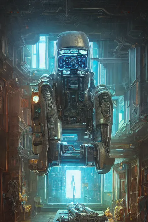 Image similar to A cyberpunk very highly detailed robot with very highly detailed face in the Tavern in a very highly detailed cyberpunk middle age sci-fi style, digital rational painting art by Greg Rutkowski, sci-fi highly detailed, digital concept art, Dimensional cyan gold natural light, sharp focus, Golden Ratio illustration, realistic concept art by Stephen Hickman and James Gurney and Hiromasa Ogura Ghost in the Shell rendered in Octane Render, From the distance