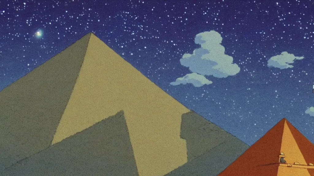 Image similar to a movie still from a studio ghibli film showing a huge glowing pyramid with a floating gold capstone on a misty and starry night. by studio ghibli