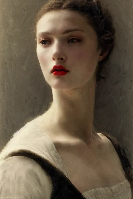 Image similar to portrait of a warrior, slavic woman, very beautiful face, pleasant facial features, red lips, long snow - white hair, black closed velvet dress, leather armor, iron armor, white boots, clothes alexander mcqueen very beautiful style, photorealism, bouguereau, edgard maxence