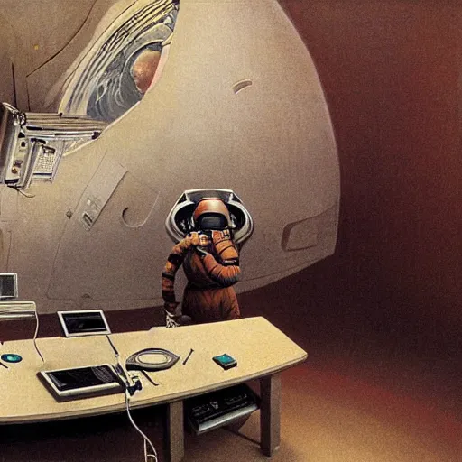 Image similar to an astronaut working on a 8 0 ’ s desktop computer in an old ornate art gallery. photorealistic. zdzisław beksinski, dariusz zawadzki, mariusz lewandowski highly detailed.