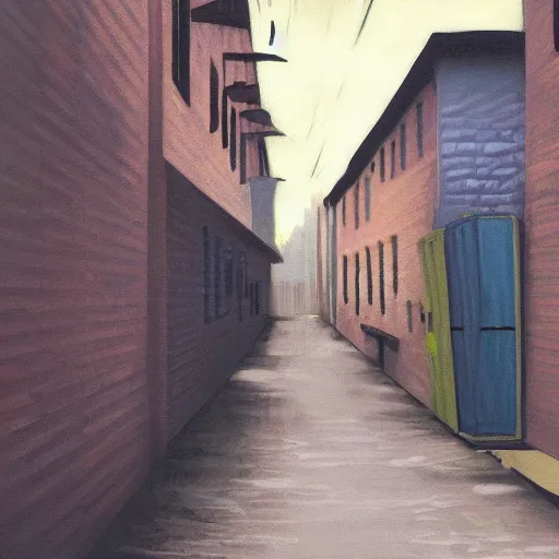 Image similar to impending doom in an alleyway, retro, tense atmosphere, painterly