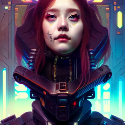 Image similar to portrait painting of cyberpunk chuu loona as a cheerful smiling mercenary, ultra realistic, concept art, intricate details, eerie, highly detailed, photorealistic, octane render, 8 k, unreal engine. art by artgerm and greg rutkowski and magali villeneuve and alphonse mucha