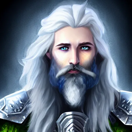 Image similar to Portrait of an Aasimar Paladin-Druid with glowing blue eyes, pale grey skin, silver full beard, and silver hair. He has a sword and wears moss covered full plate armor. Epic fantasy art, sharp, award winning on Artstation, 4k HD.