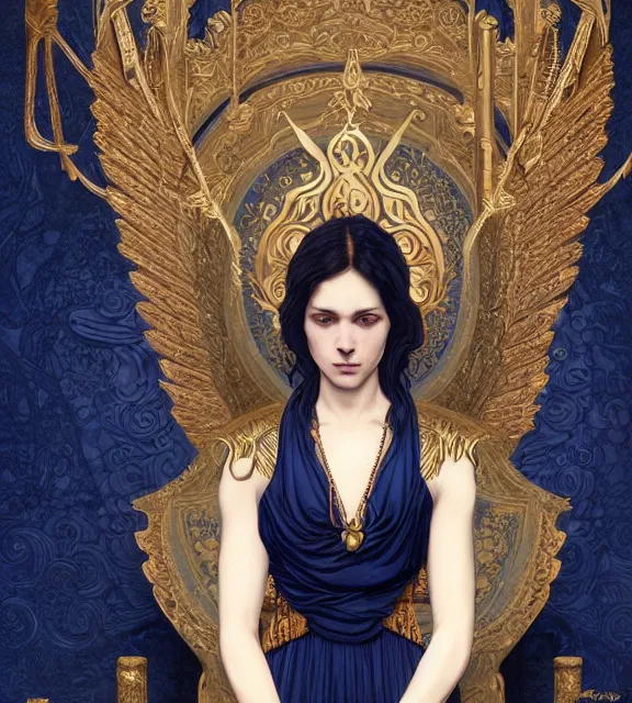 Prompt: god of death, young man, in the underworld, elegant dark blue dress, very detailed, throne, very intricate details, jewelry, gold tattoos, elaborate long black hairstyle, wings, cinematic, artstation, william bouguereau, alphonse mucha, greg rutkowski, rossdraws, octane render