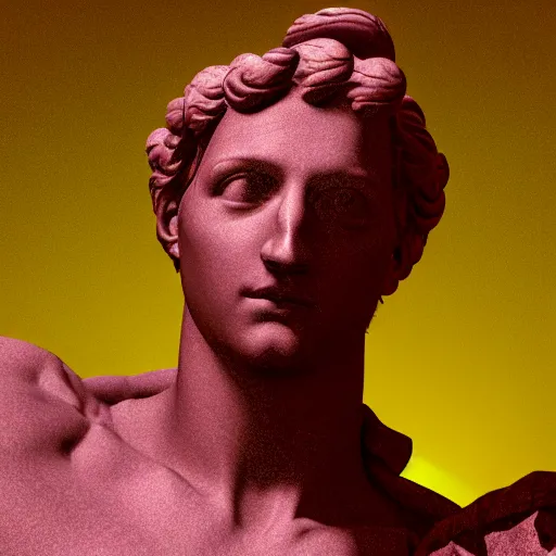 Prompt: a 3 d render of the head of david statue, neon ring around the statue, in the style of michelangelo