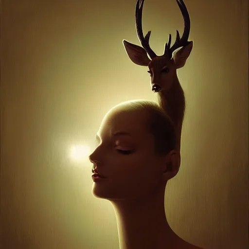 Image similar to a dramatic portrait of a woman affection deer, cinematic lighting, symmetric face by karol bak, christopher balaskas