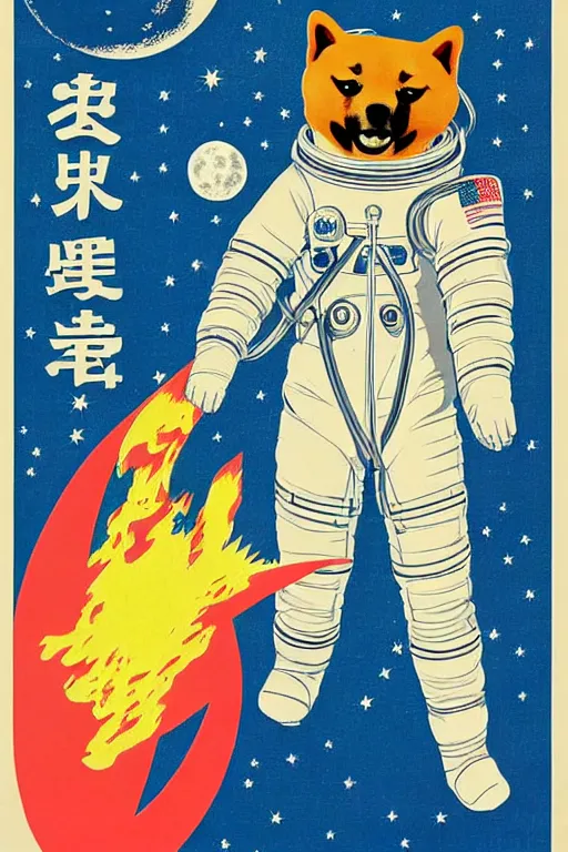 Image similar to Shiba Inu cosmonaut portrait, moon mission, 60s poster, 1968 Soviet Japanese