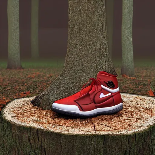 Image similar to a dirty nike air jordan sitting on a tree stump covered in mushrooms and forest foliage, 3 d model, octane render, hyper detailed, 4 k,