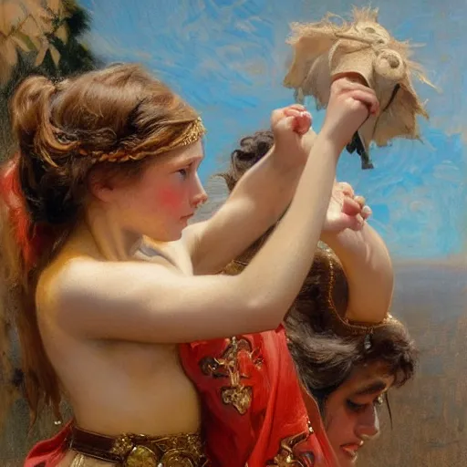 Image similar to a young girl giving the last blow to a dying bull, the girl is covered in the bull's blood, highly detailed painting by gaston bussiere and j. c. leyendecker 8 k