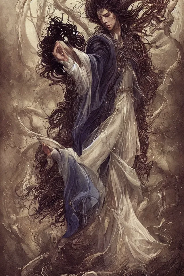 Image similar to thin male royal magician in fantasy long embroidered clothes, voluminous sleeves, long wavy dark hair, pale skin, 19th century fantasy, ethereal, graceful, elegant, highly detailed, intricate, dramatic lighting, art by Peter Mohrbacher, Ivan Bilibin