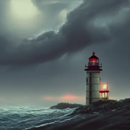 Prompt: lighthouse in a stormy sea, mechanic, robotic, abandoned, overgrown, cables, moody, realistic, concept art by simon stalenhag