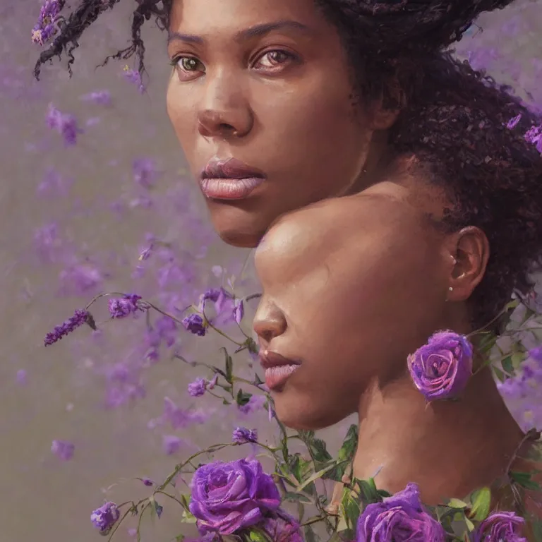 Prompt: portrait of a lavender and rose floral - head black woman by greg rutkowski, hyper detailed painting, distance, centered, hd, hq, high resolution, high detail, 4 k, 8 k