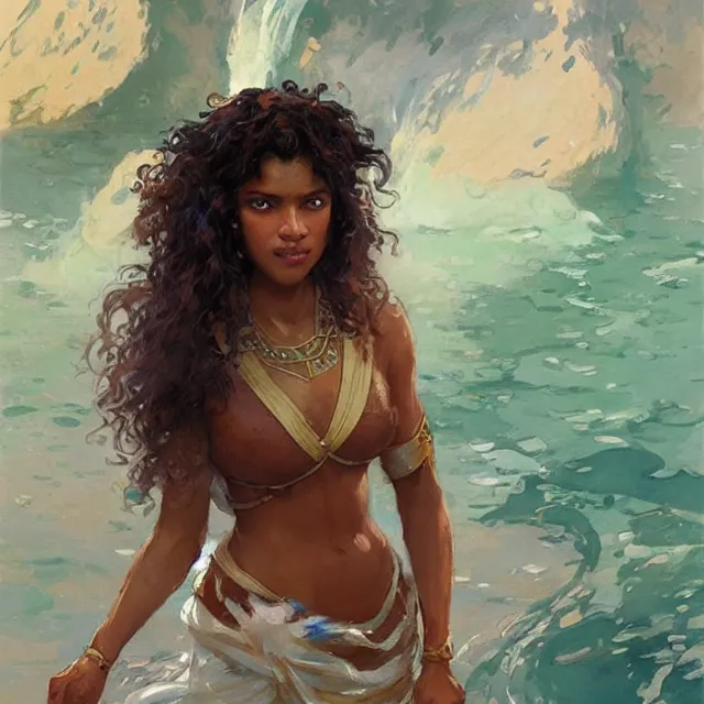 Prompt: a brown skinned woman as a waterbender, brown curly hair, portrait, elegant, intricate, digital painting, artstation, concept art, smooth, sharp focus, illustration, art by konstantin korovin and daniel f. gerhartz and john howe